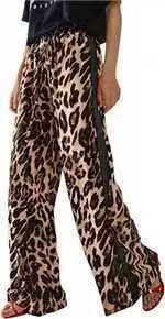 Leopard Print Colorblock Side Striped Wide Leg Pants