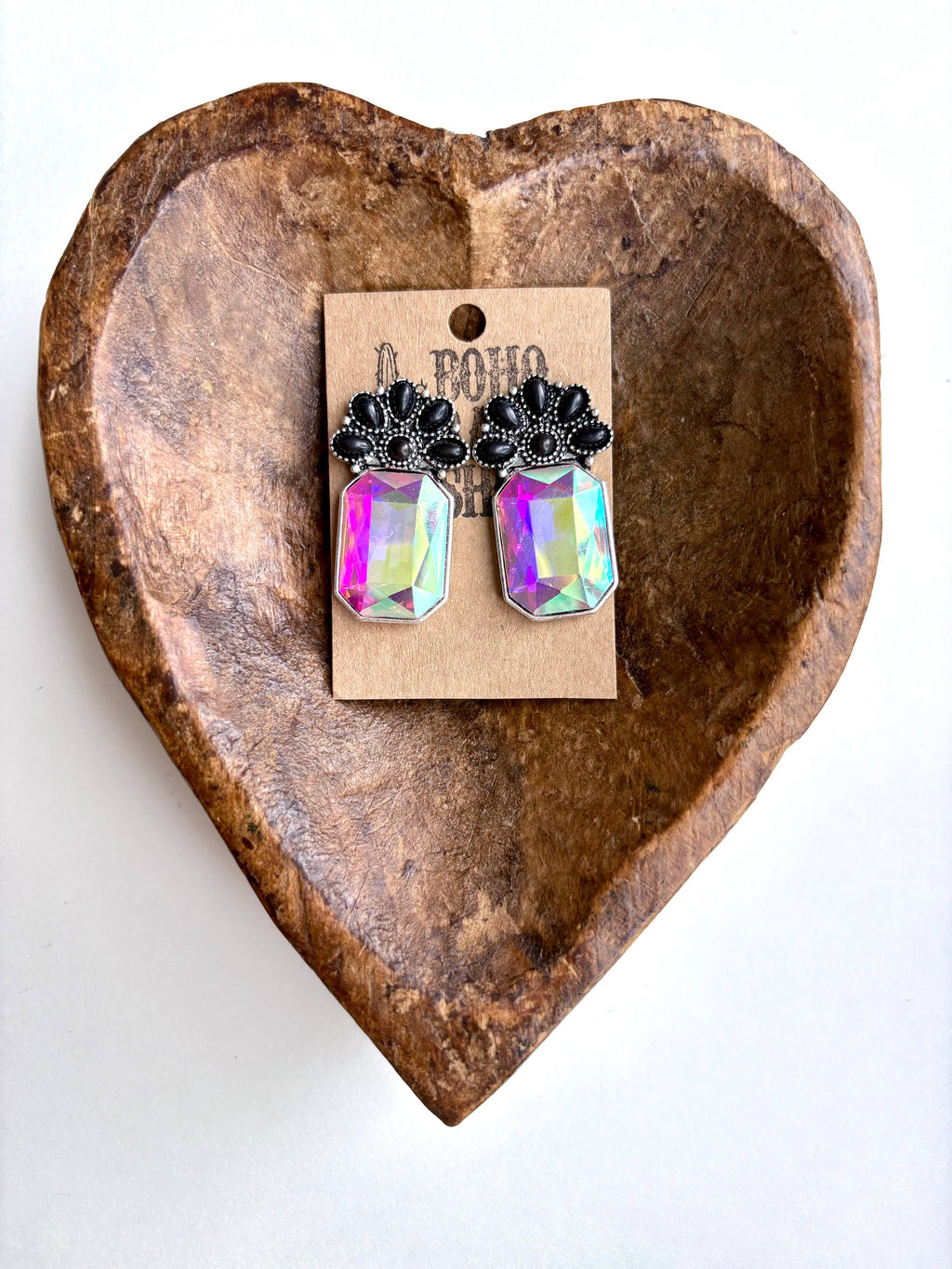 Squash Blossom Stone & Octagon Glass Stone Stud Earrings
