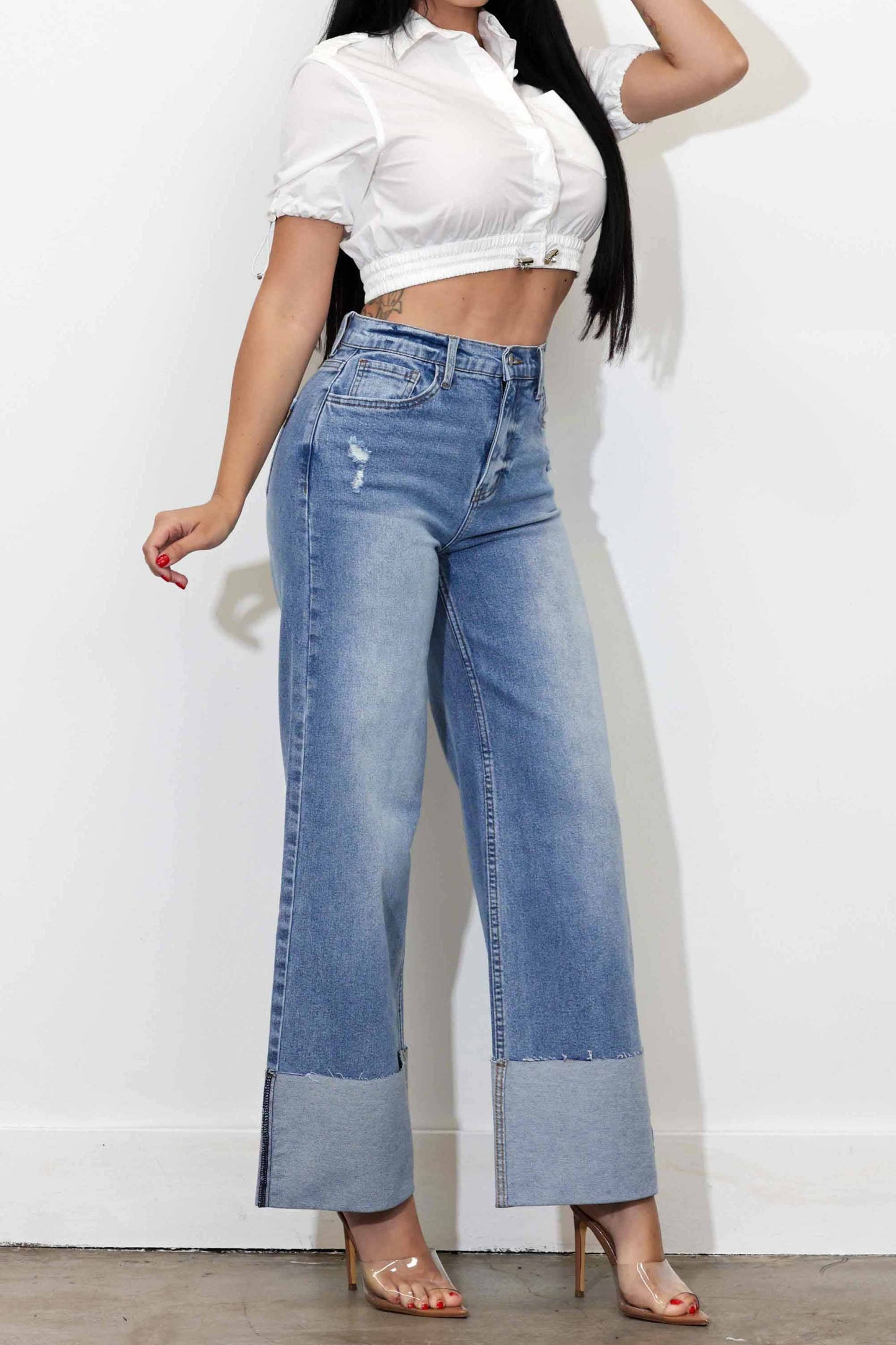 Cuff Up Wide Leg Jeans