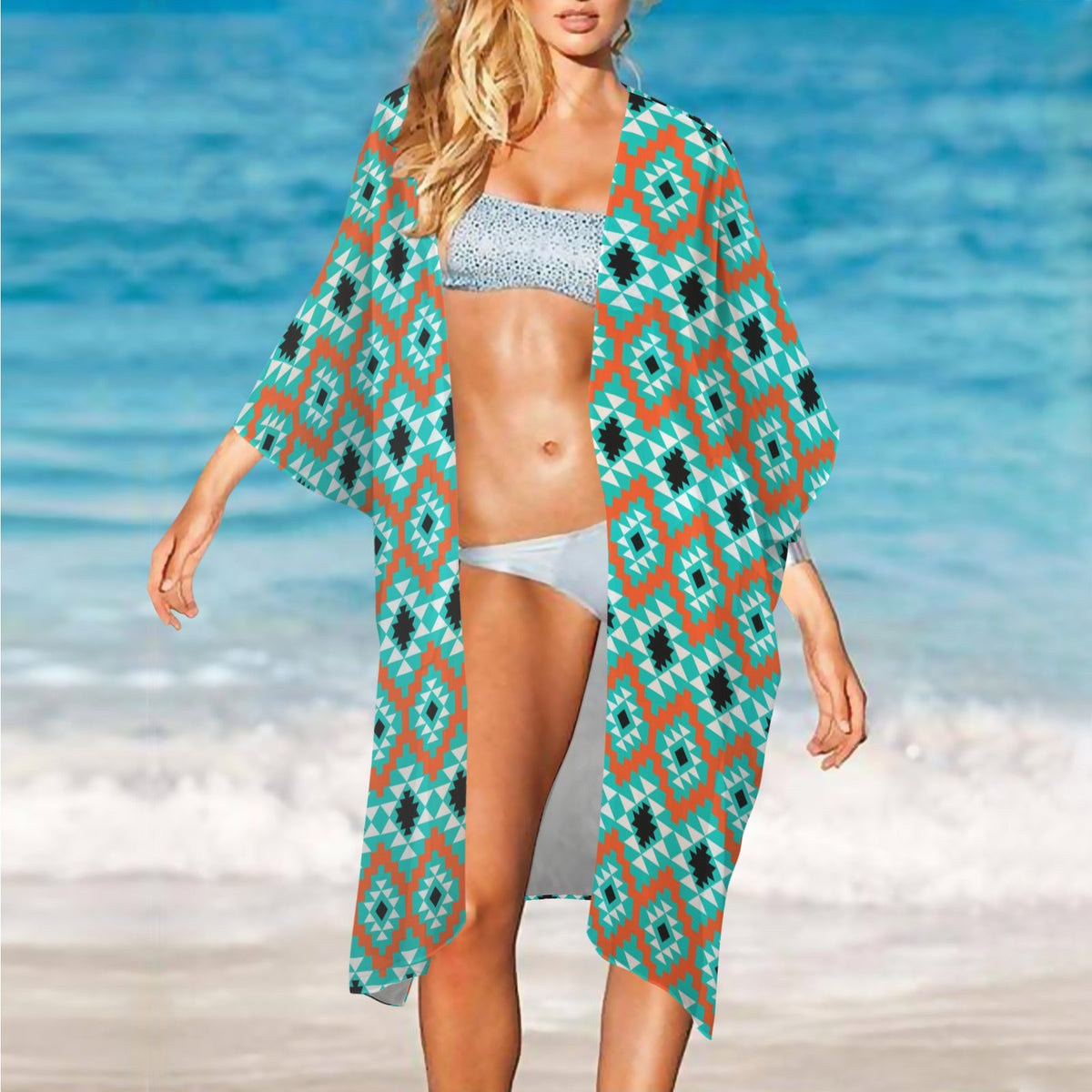 Baha Ranch Turquoise Aztec Duster Kimono Coverup