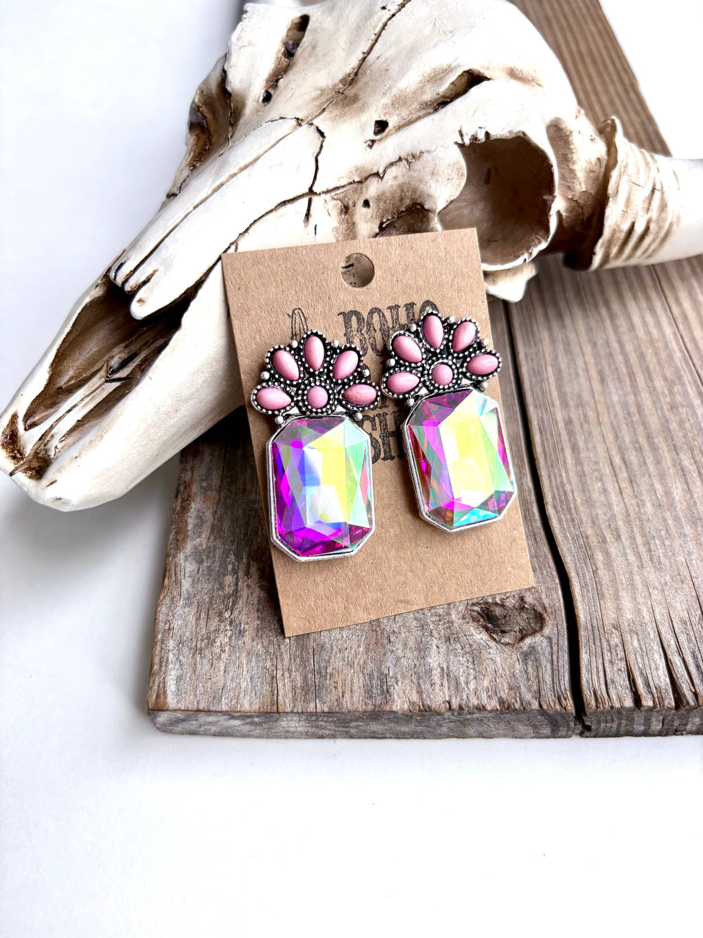 Squash Blossom Stone & Octagon Glass Stone Stud Earrings