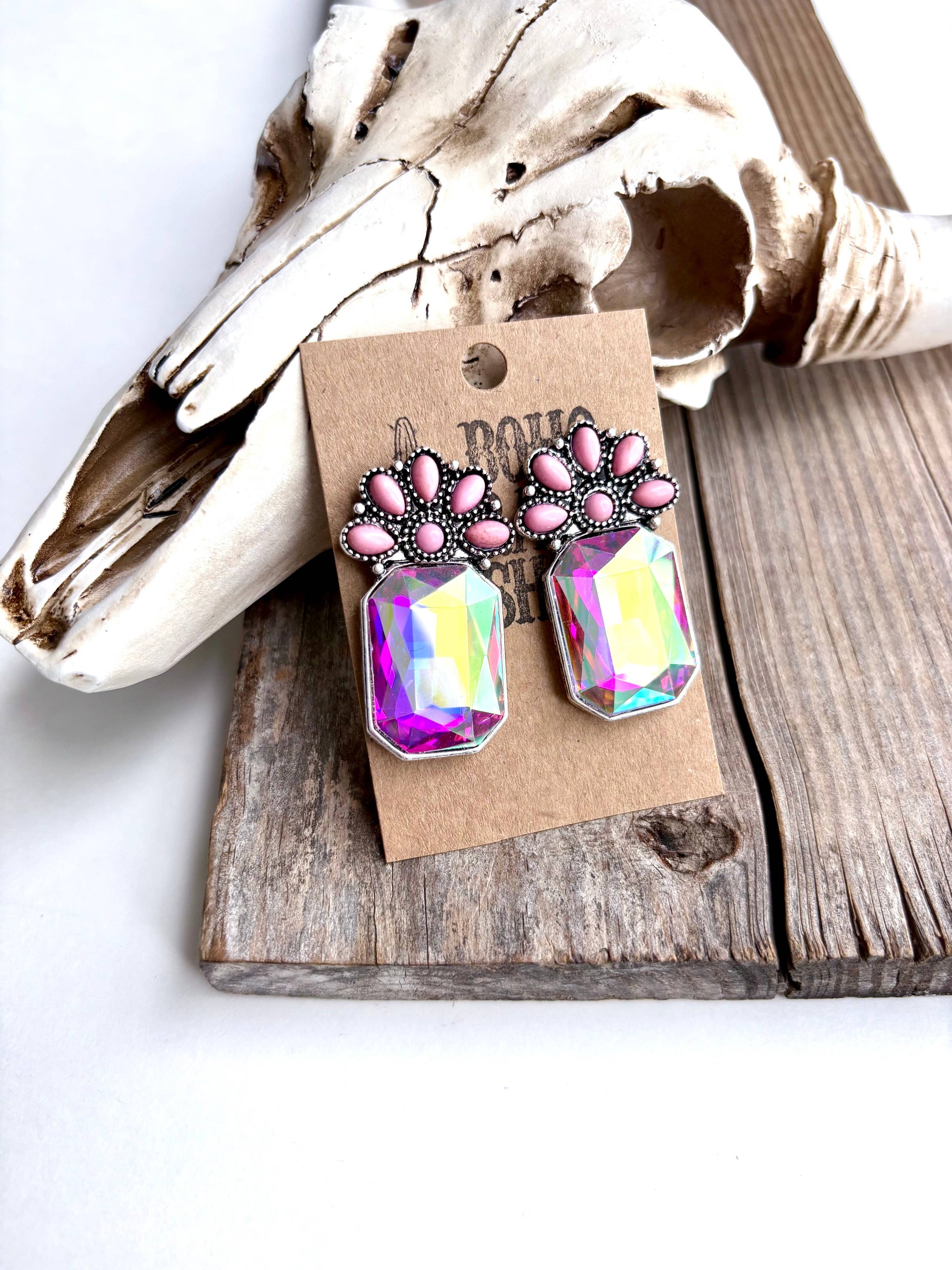 Squash Blossom Stone & Octagon Glass Stone Stud Earrings
