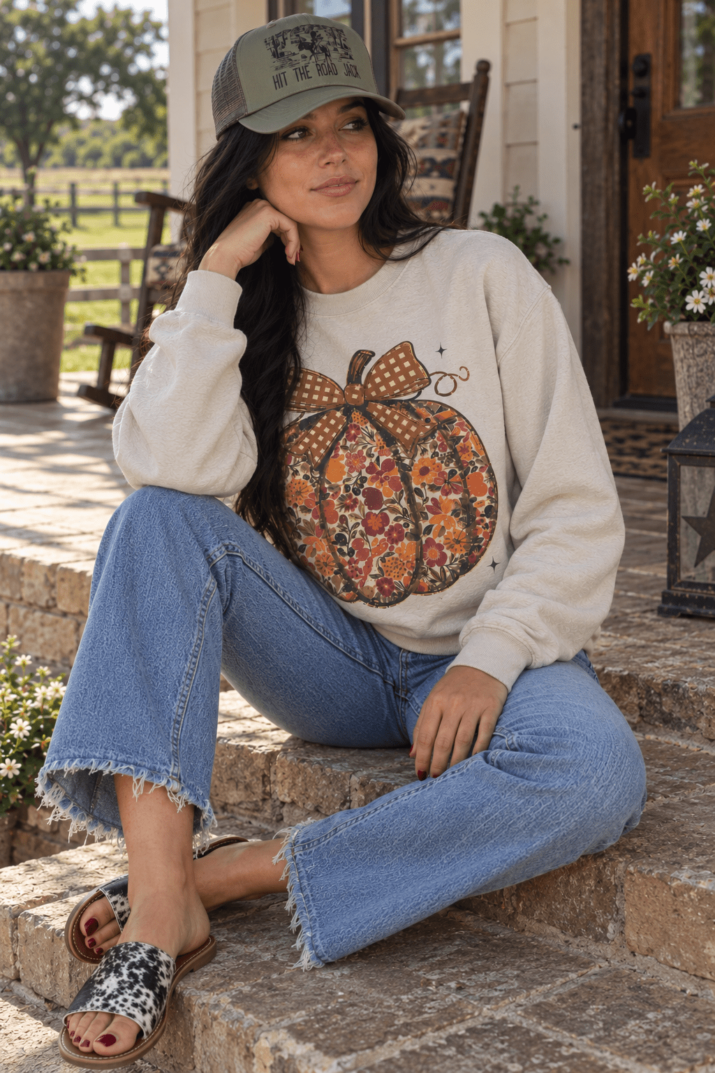 Floral Bow Pumpkin Graphic Sweatshirt