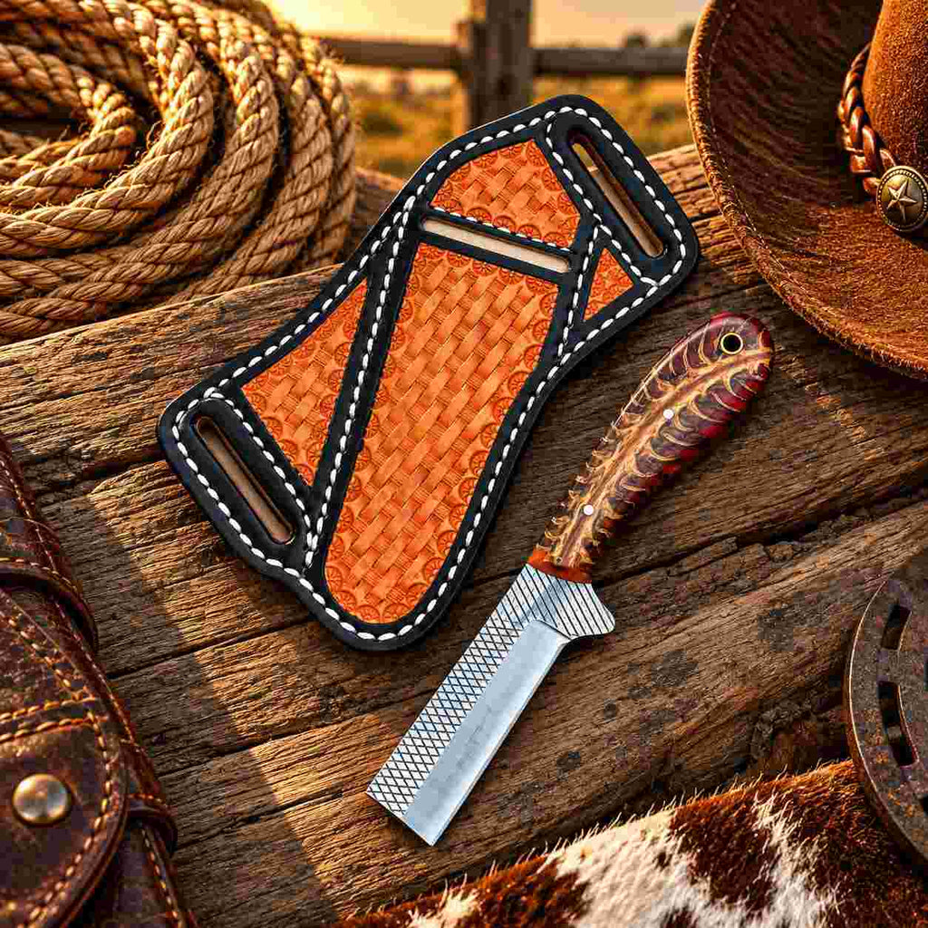 Handmade Horse Rasp Stainless Steel Cowboy Skinner Knife with Blue and Tan Resin Pinecone Handle & Floral Leather Sheath – SH-DS/074