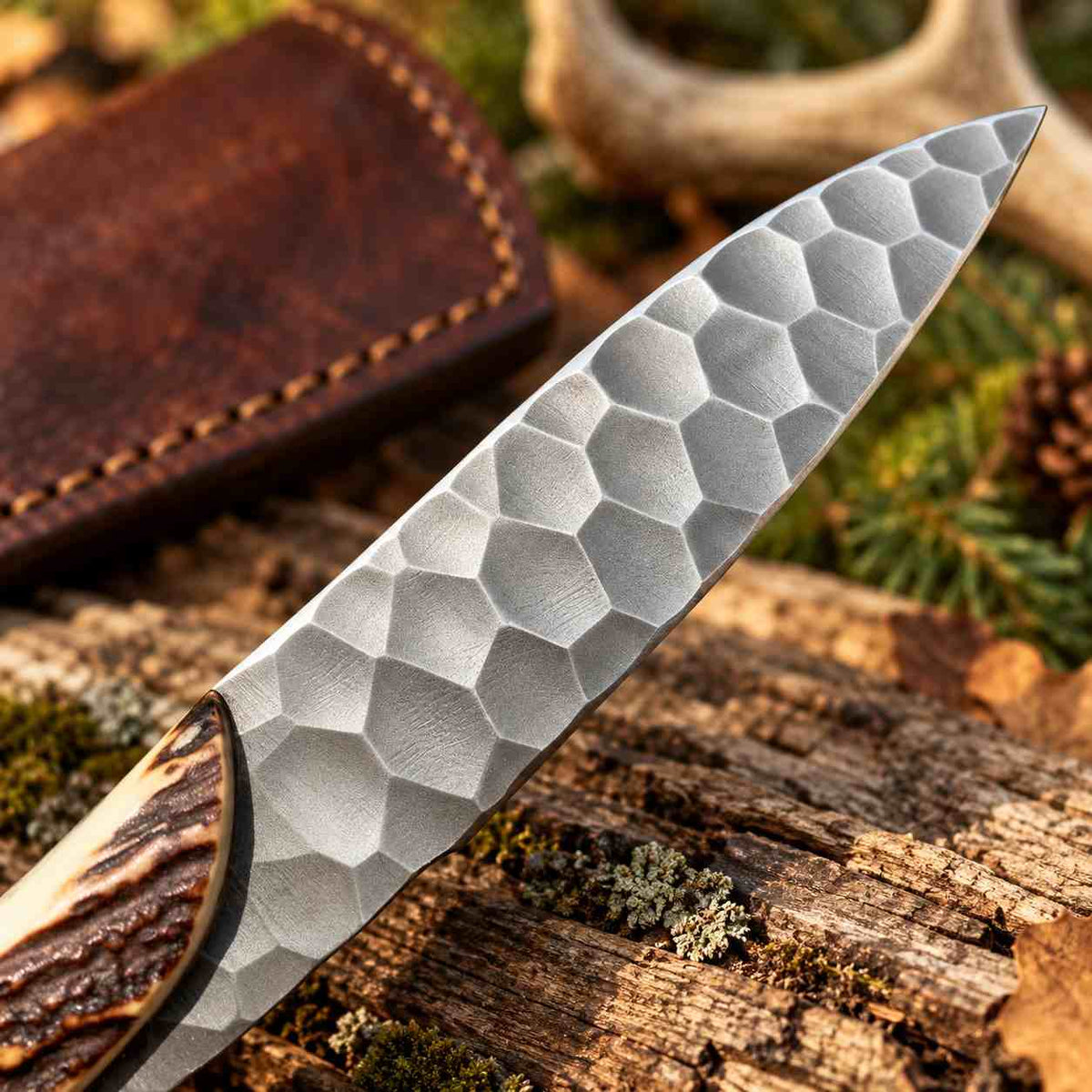 Handmade Hammered D2 Hunting Knife with Stag Antler Handle and Leather Sheath