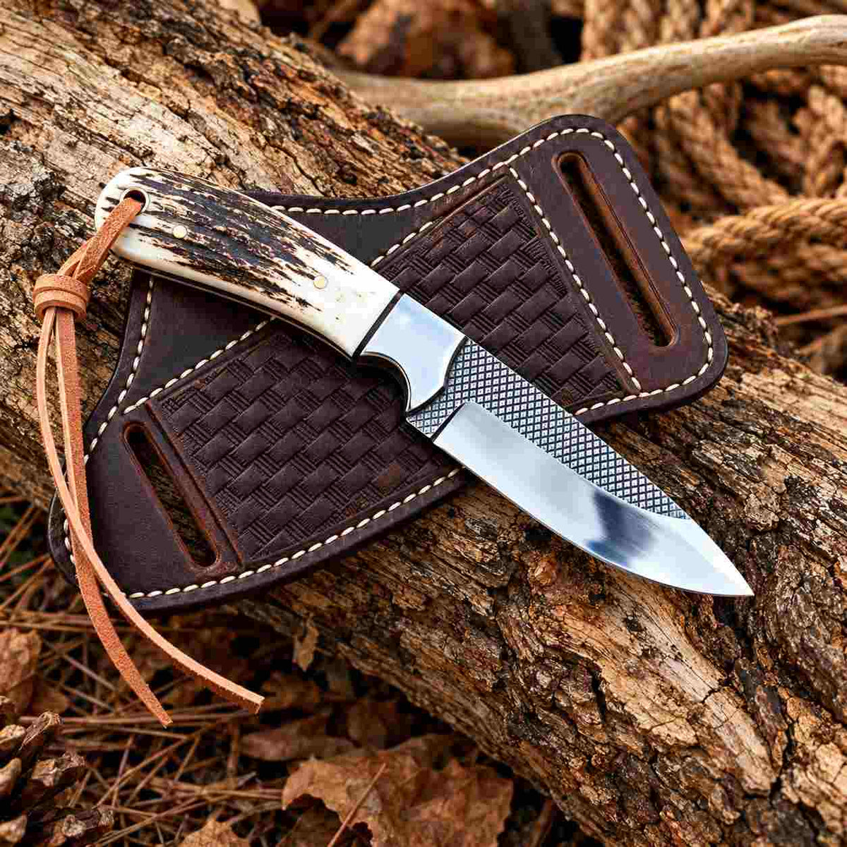 Handmade Rasp Steel Cowboy Knife with Elk Antler Handle, Stainless Bolsters & Western Leather Sheath