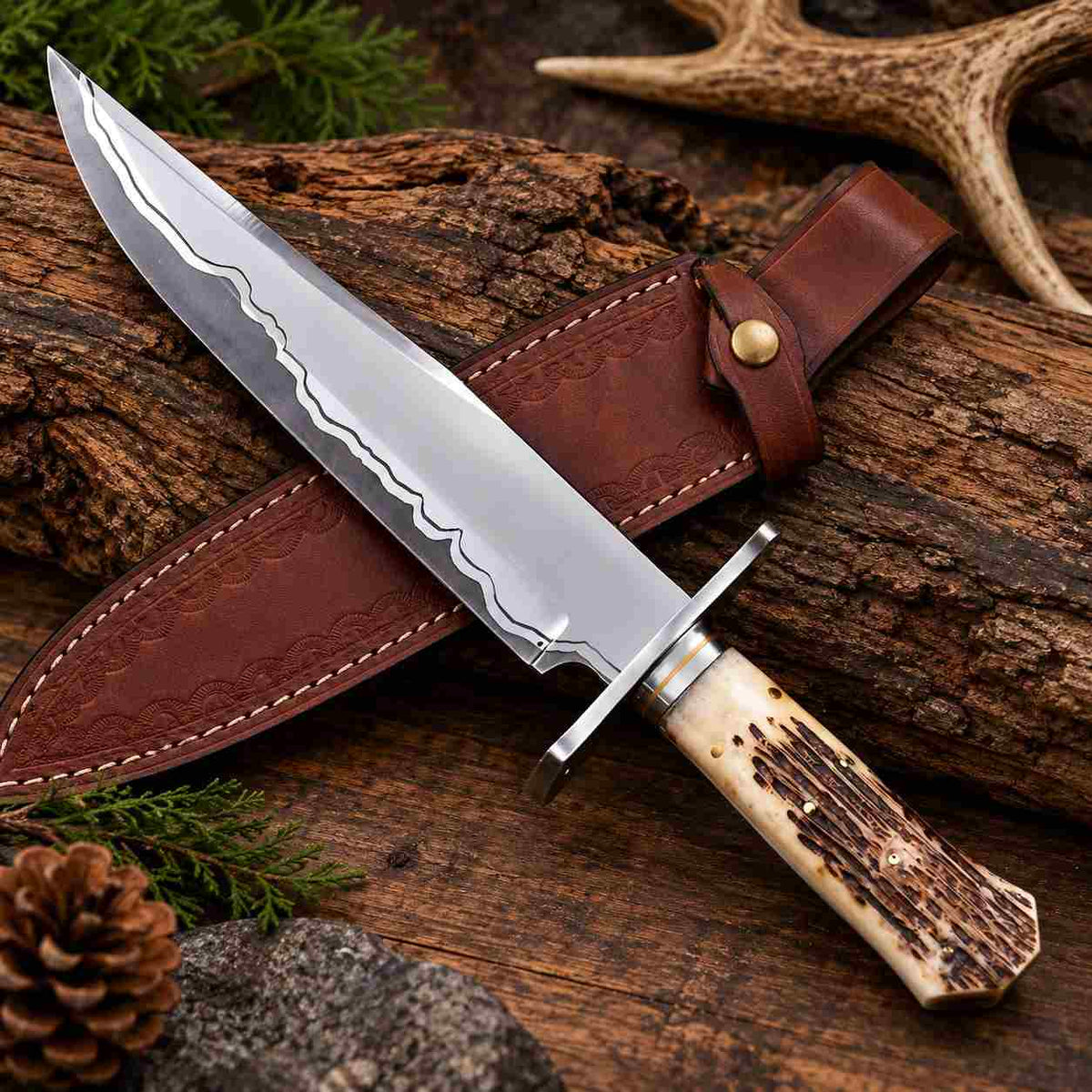 Hand Forged 1095/15N20 Damascus Bowie Knife with Bone Handle and Leather Sheath