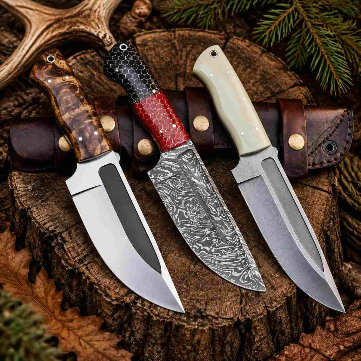 Hand Forged Damascus Hunting Knife – Handmade Fixed Blade Knife With Leather Sheath