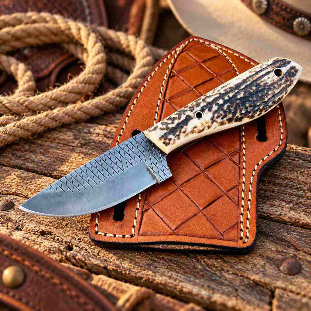 Handmade Rasp Steel Cowboy Skinner Knife with Natural Antler Handle & Western Leather Belt Sheath