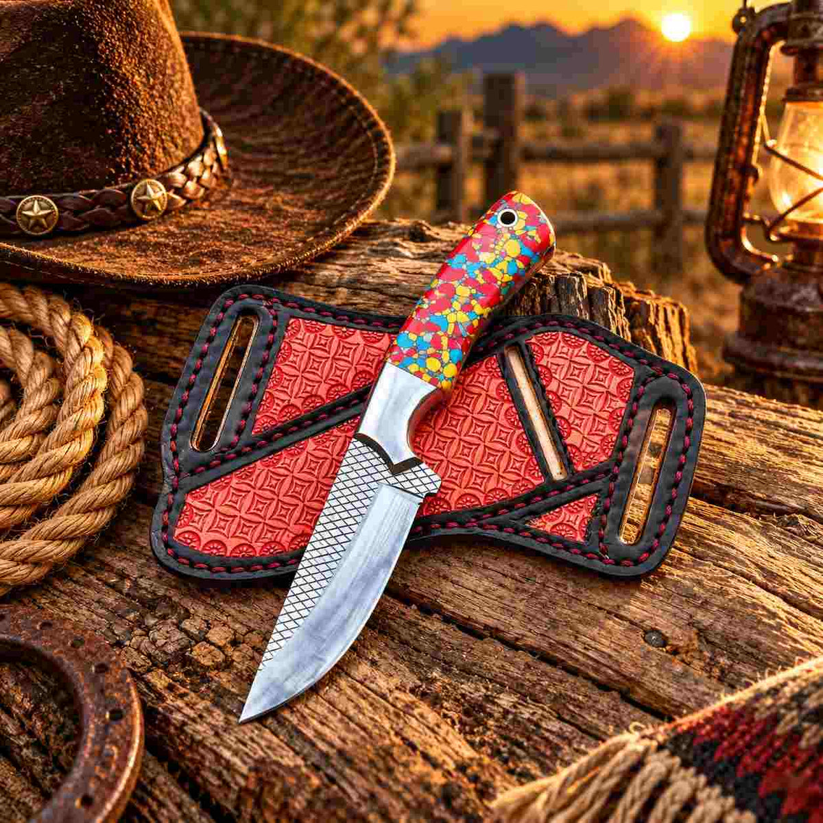 Custom Handmade Horse Rasp Stainless Steel 4-Inch Western Cowboy Skinner with Stone Handle & Leather Sheath