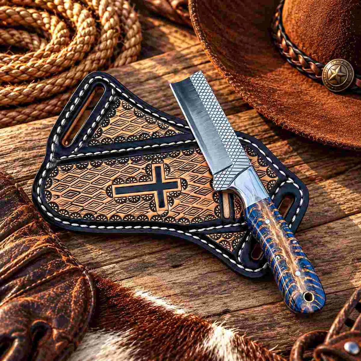 Custom Handmade 6.5-Inch Horse Rasp Stainless Steel Bull Cutter Knife with Resin Pinecone Handle & Leather Sheath