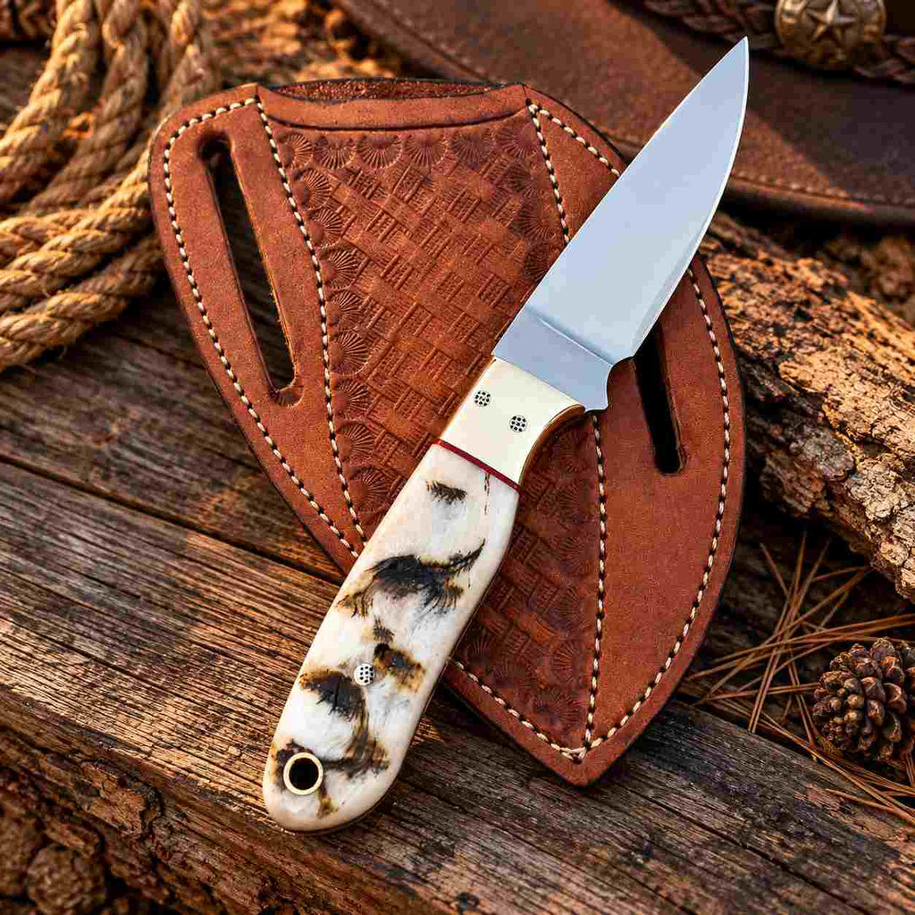 Prairie Rider D2 Cowboy Knife with Natural Sheep Horn Handle, Brass Bolster & Western Leather Sheath