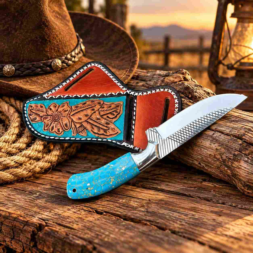 Custom Handmade Horse Rasp Stainless Steel 8-Inch Western Cowboy Skinner Knife with Stone Handle & Leather Sheath