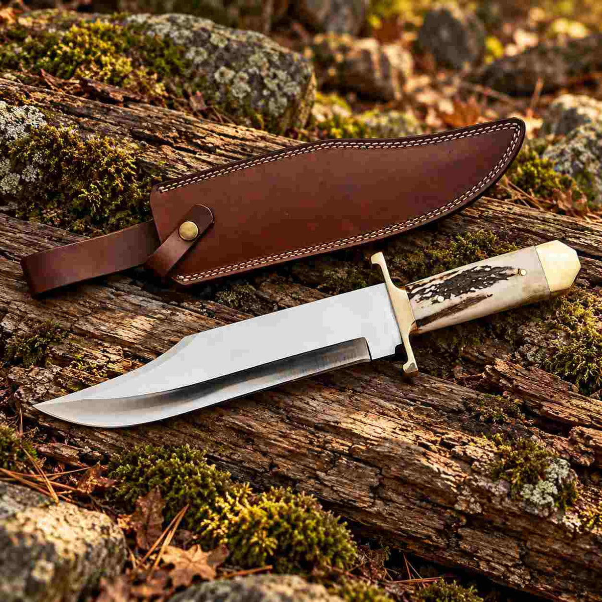 Handmade D2 Steel Bowie Knife with Stag Handle and Leather Sheath