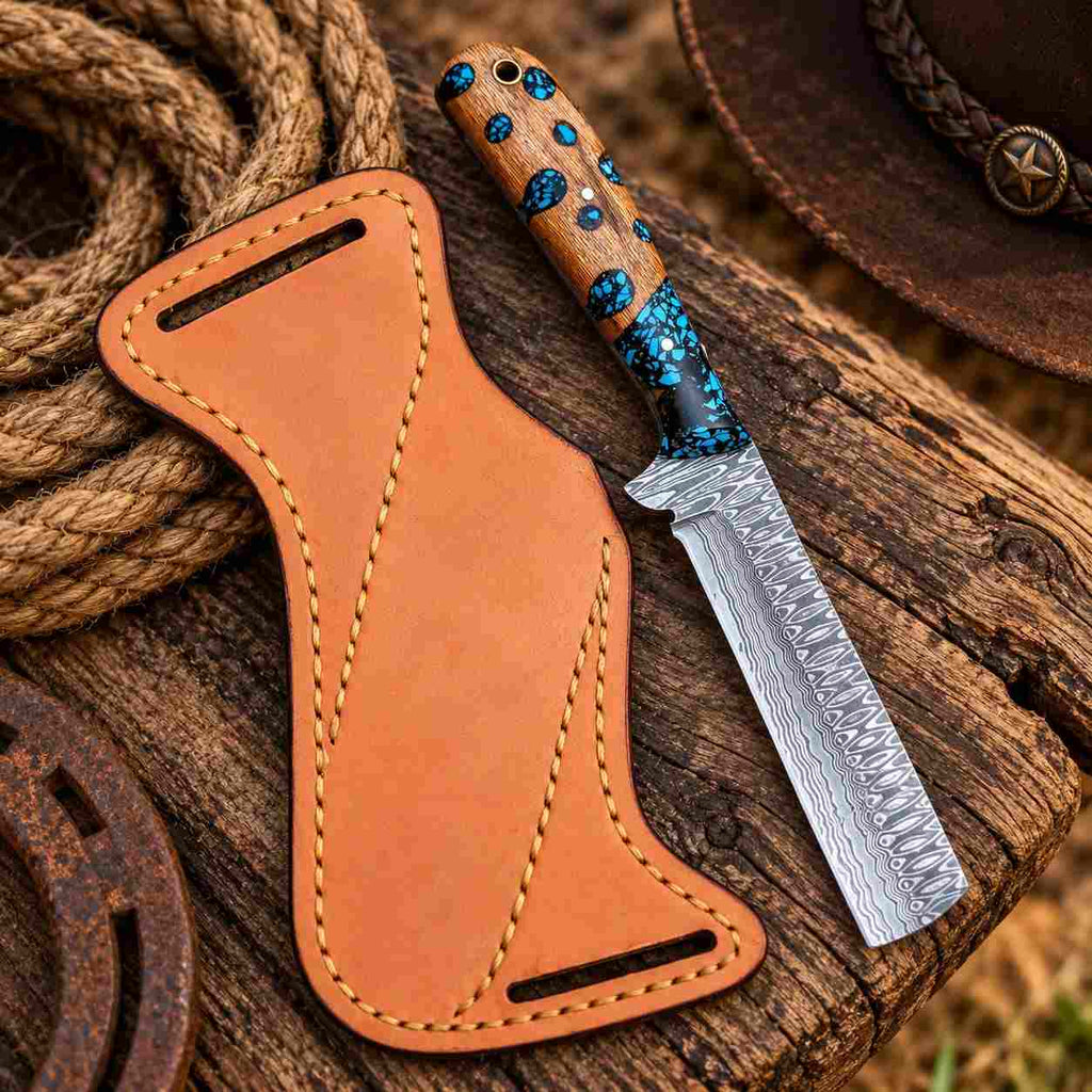 Handmade Damascus Bull Cutter with Blue Resin & Natural Wood Handle