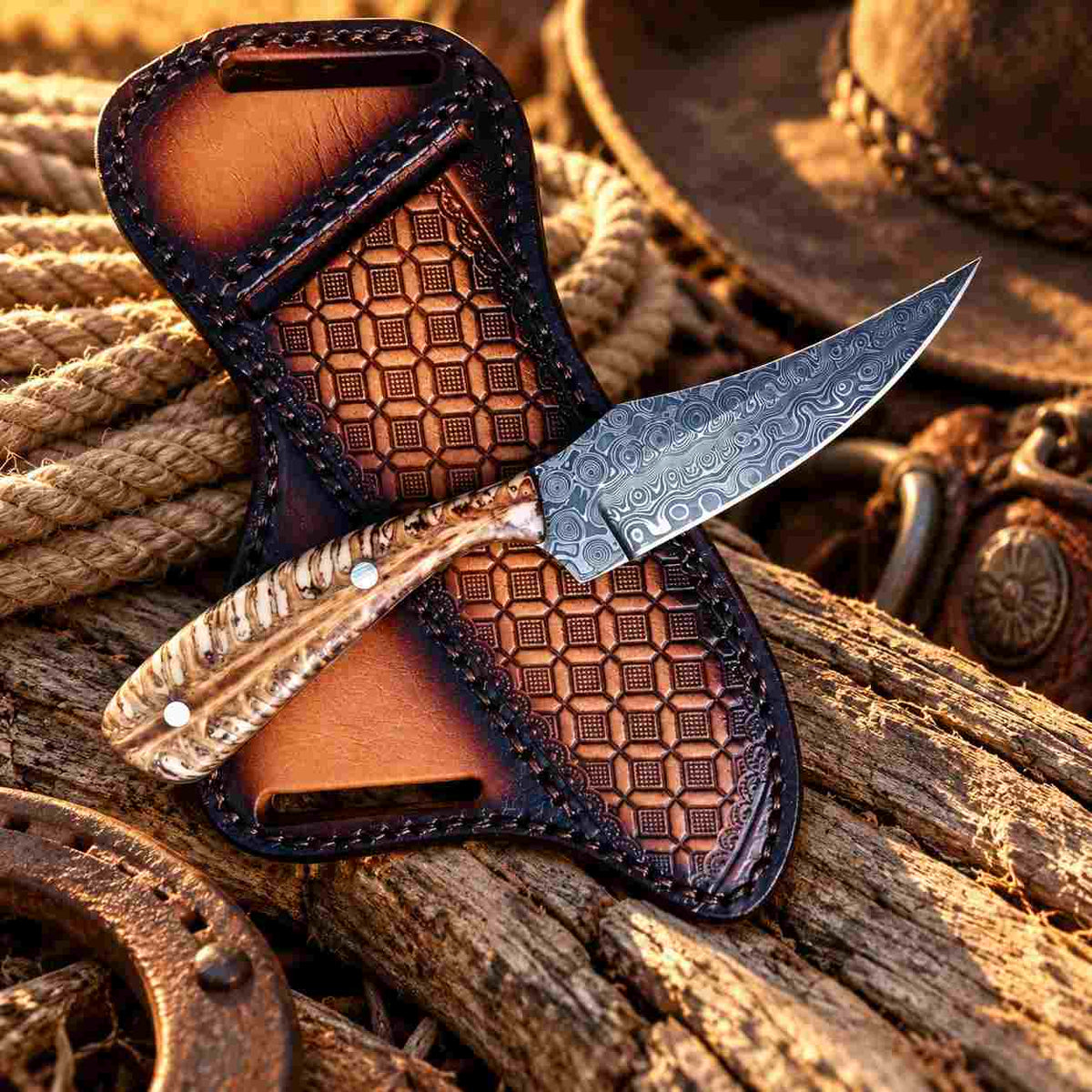 Handmade Damascus Ranch Cowboy Knife with White Pinecone Handle & Western Leather Sheath