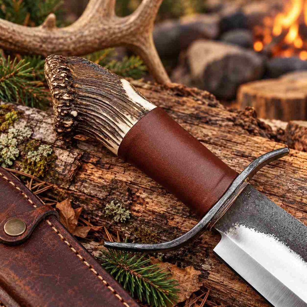 Handmade High Carbon Steel Bowie Knife with Stag Horn Handle and Leather Sheath