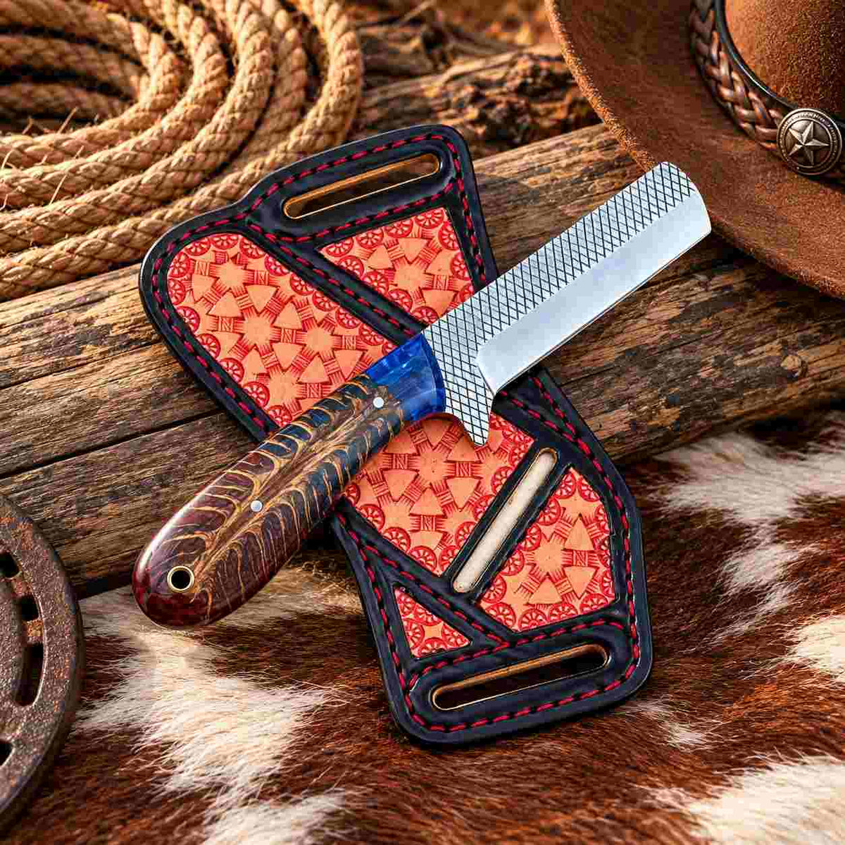 Custom Handmade Horse Rasp Stainless Steel 3.5-Inch Western Bull Cutter with Resin Pinecone Handle & Leather Sheath