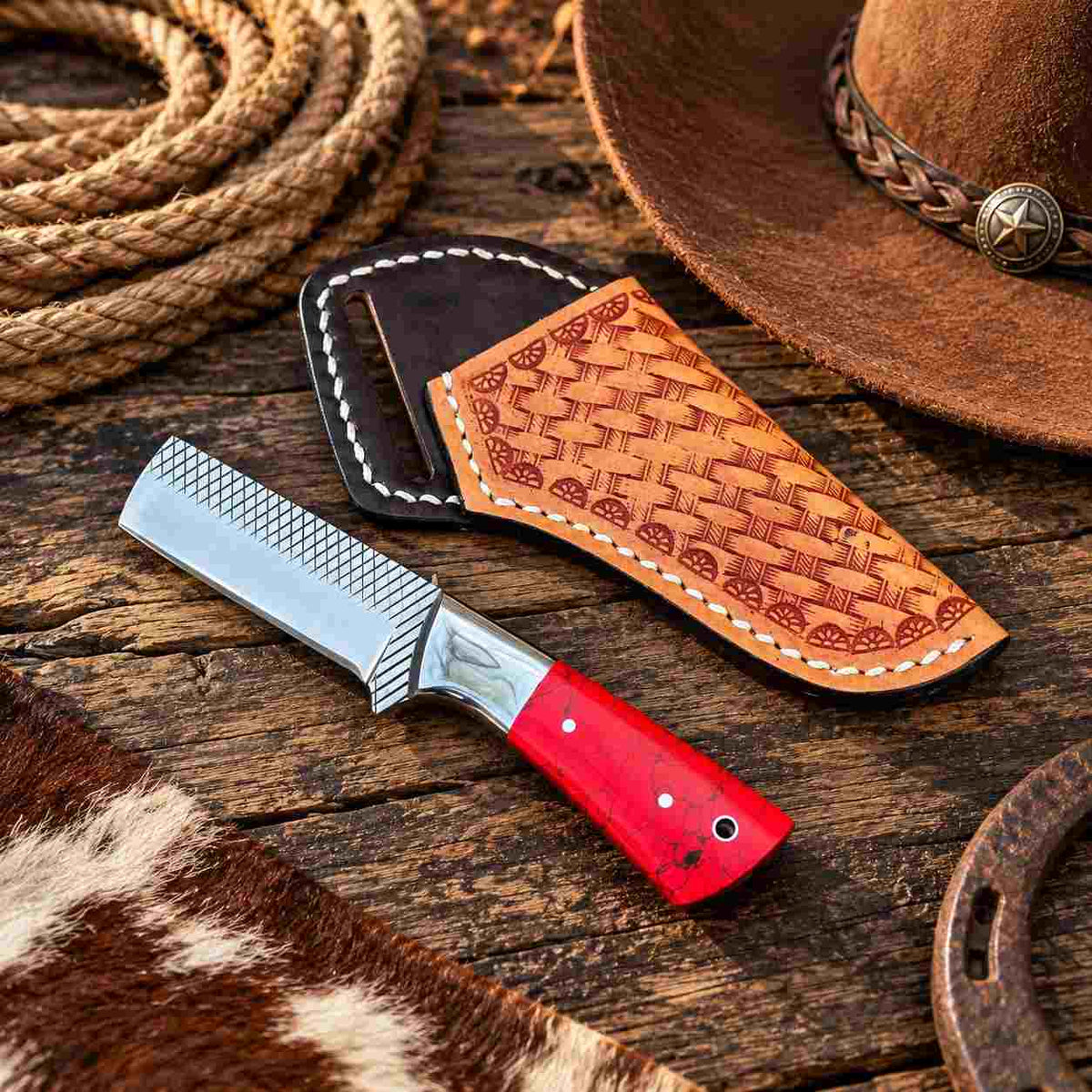 Custom Handmade Horse Rasp Stainless Steel 3-Inch Western Bull Cutter with Red Stone Handle & Leather Sheath