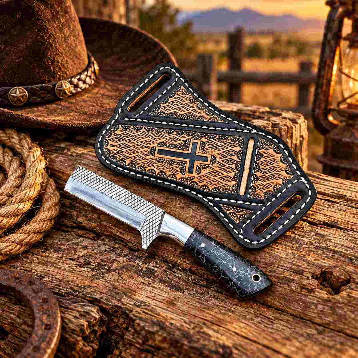 Custom Handmade Horse Rasp Stainless Steel 7-Inch Western Cowboy Bull Cutter with Stone Handle & Leather Sheath