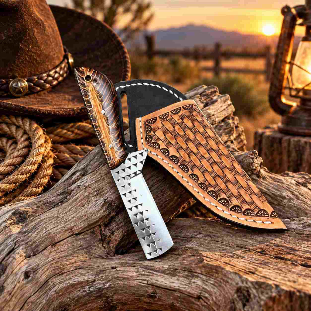 Custom Handmade Horse Rasp Stainless Steel 6-Inch Western Cowboy Bull Cutter with Resin & Pinecone Handle and Leather Sheath