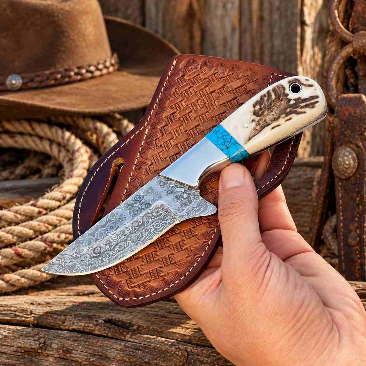 Handmade Raindrop Damascus Cowboy Knife with Antler Horn, Turquoise Handle & Leather Sheath