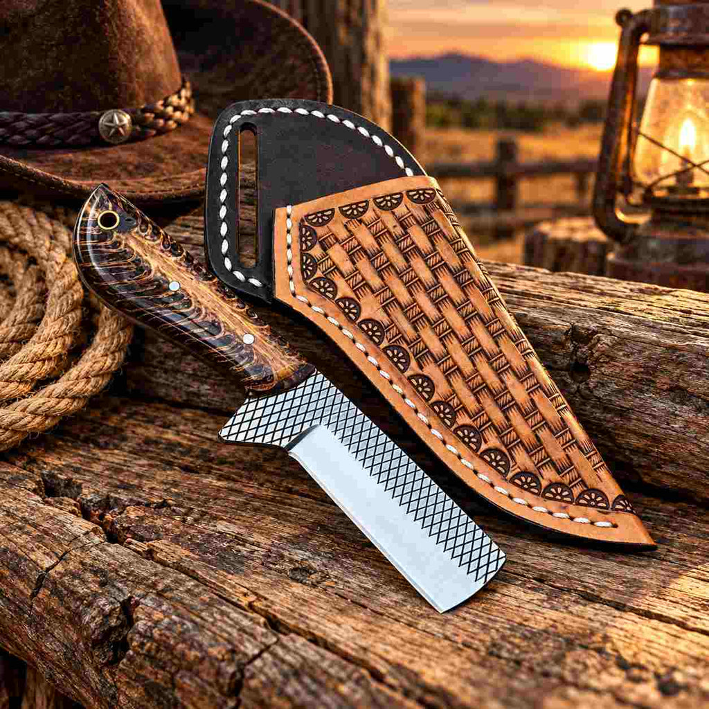 Custom Handmade Horse Rasp Stainless Steel 6-Inch Western Cowboy Bull Cutter with Resin & Pinecone Handle and Leather Sheath