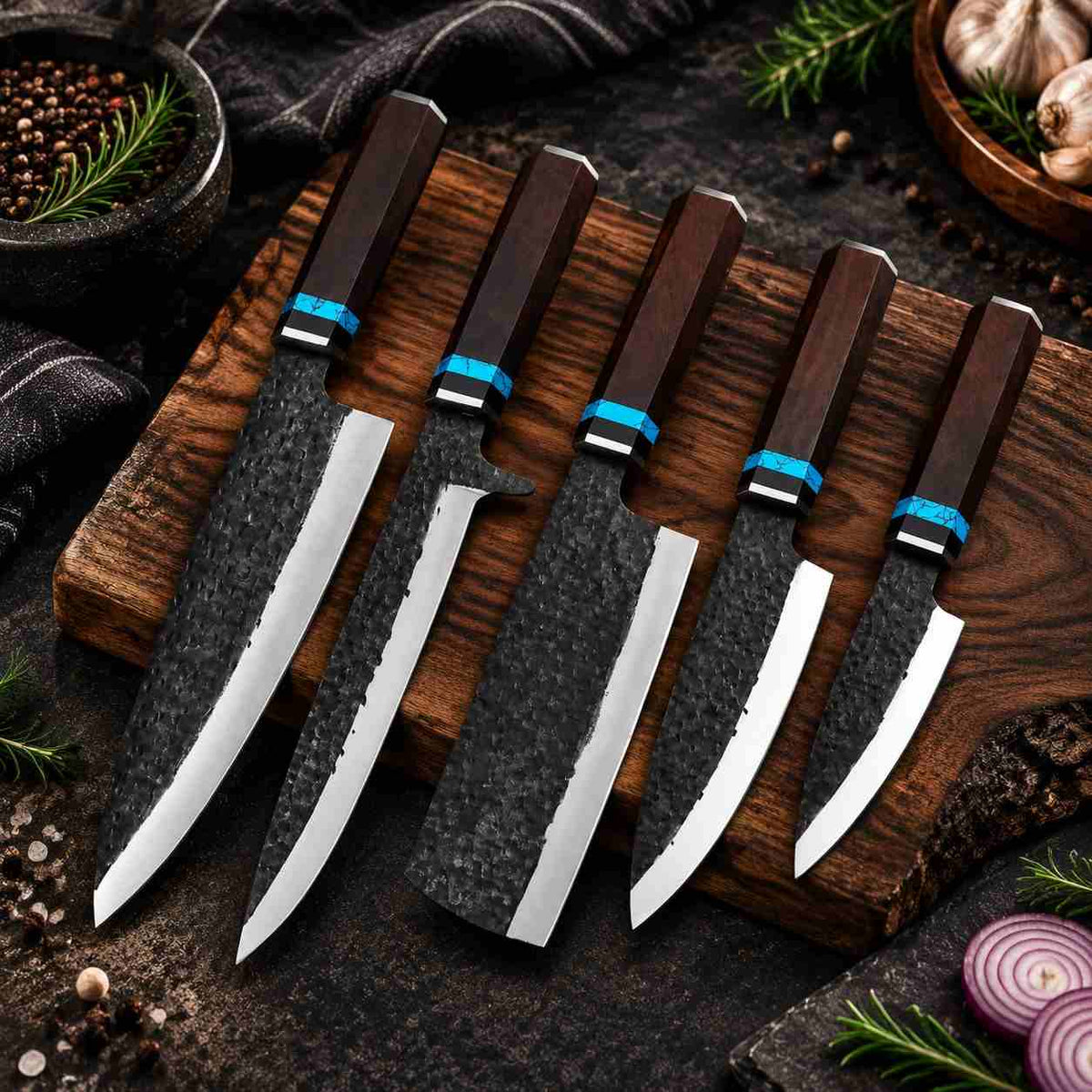 5 Piece Hammer Forged Kitchen Knife Set With Rosewood Handle