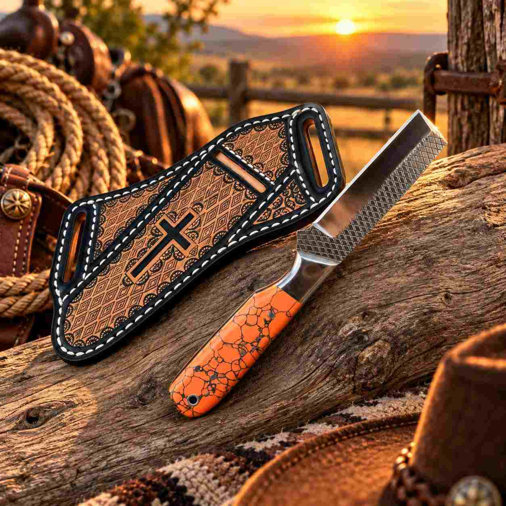 Handmade Horse Rasp Stainless Steel Cowboy Bull Cutter Knife with Colorful Resin-Pinecone Handle & Orange Patterned Leather Sheath – SH-DS/065