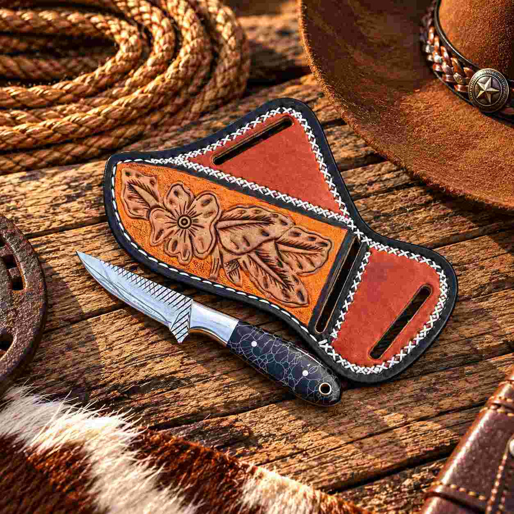 Handmade Horse Rasp Stainless Steel Cowboy Bull Cutter Knife with Turquoise Patterned Handle & Leather Sheath – SH-DS/069