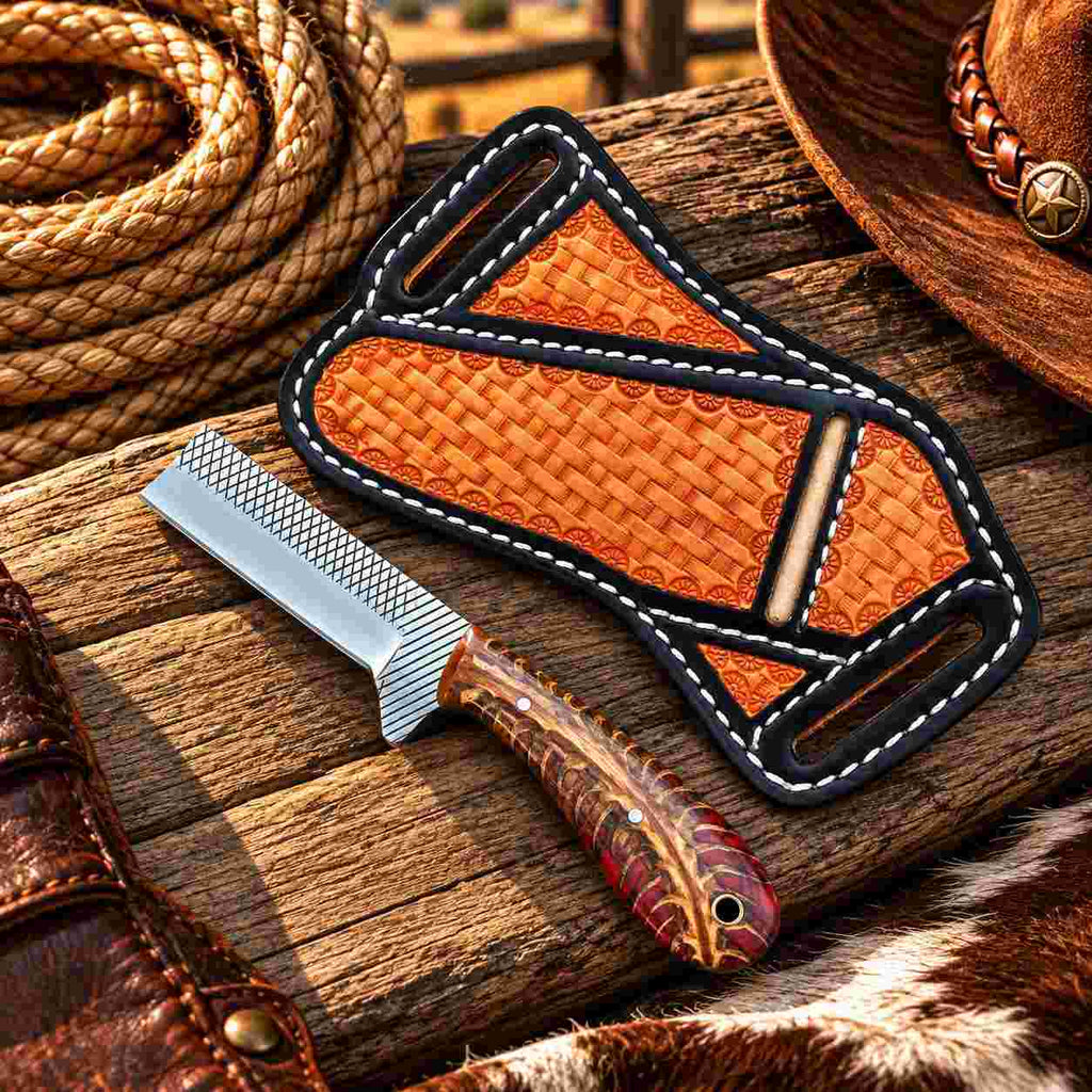 Handmade Horse Rasp Stainless Steel Cowboy Skinner Knife with Blue and Tan Resin Pinecone Handle & Floral Leather Sheath – SH-DS/074