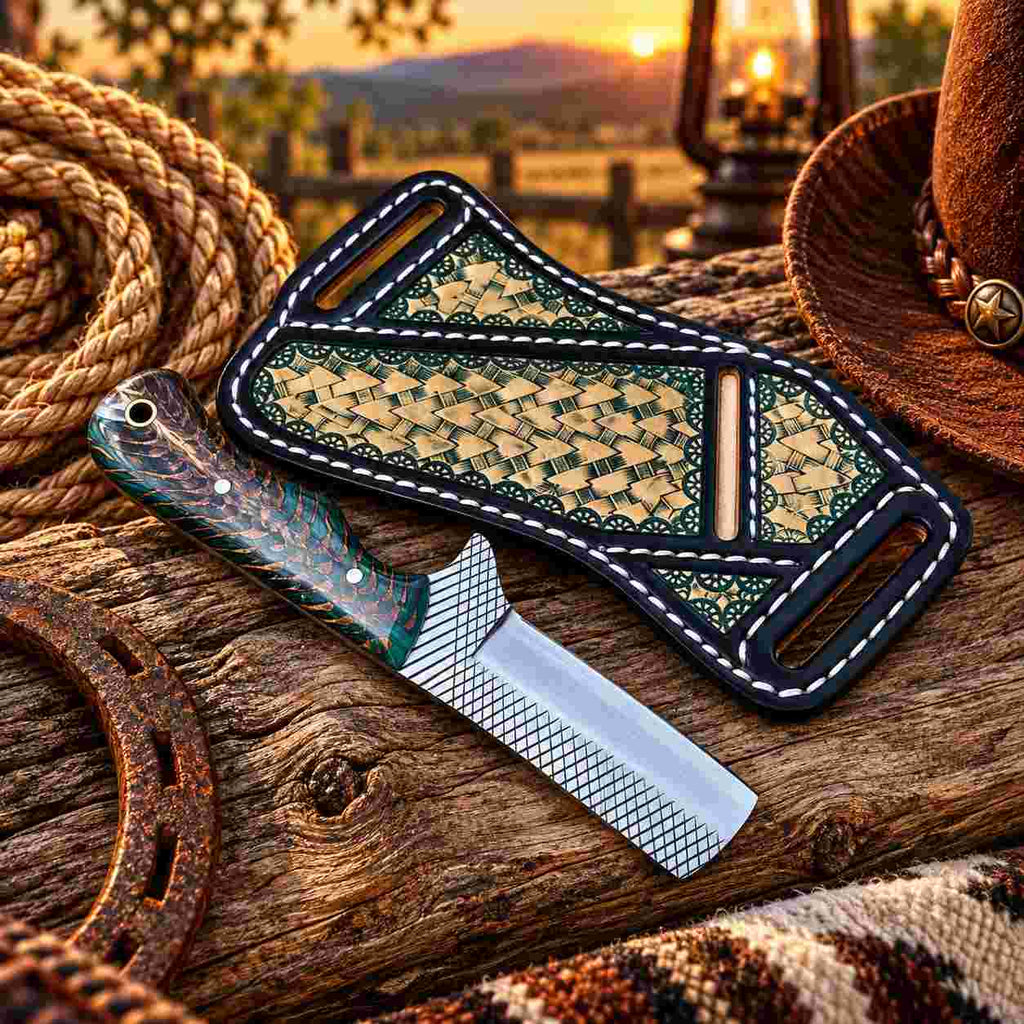 Handmade Horse Rasp Stainless Steel Cowboy Bull Cutter Knife with Orange Patterned Stone Handle & Decorative Leather Sheath – SH-DS/077