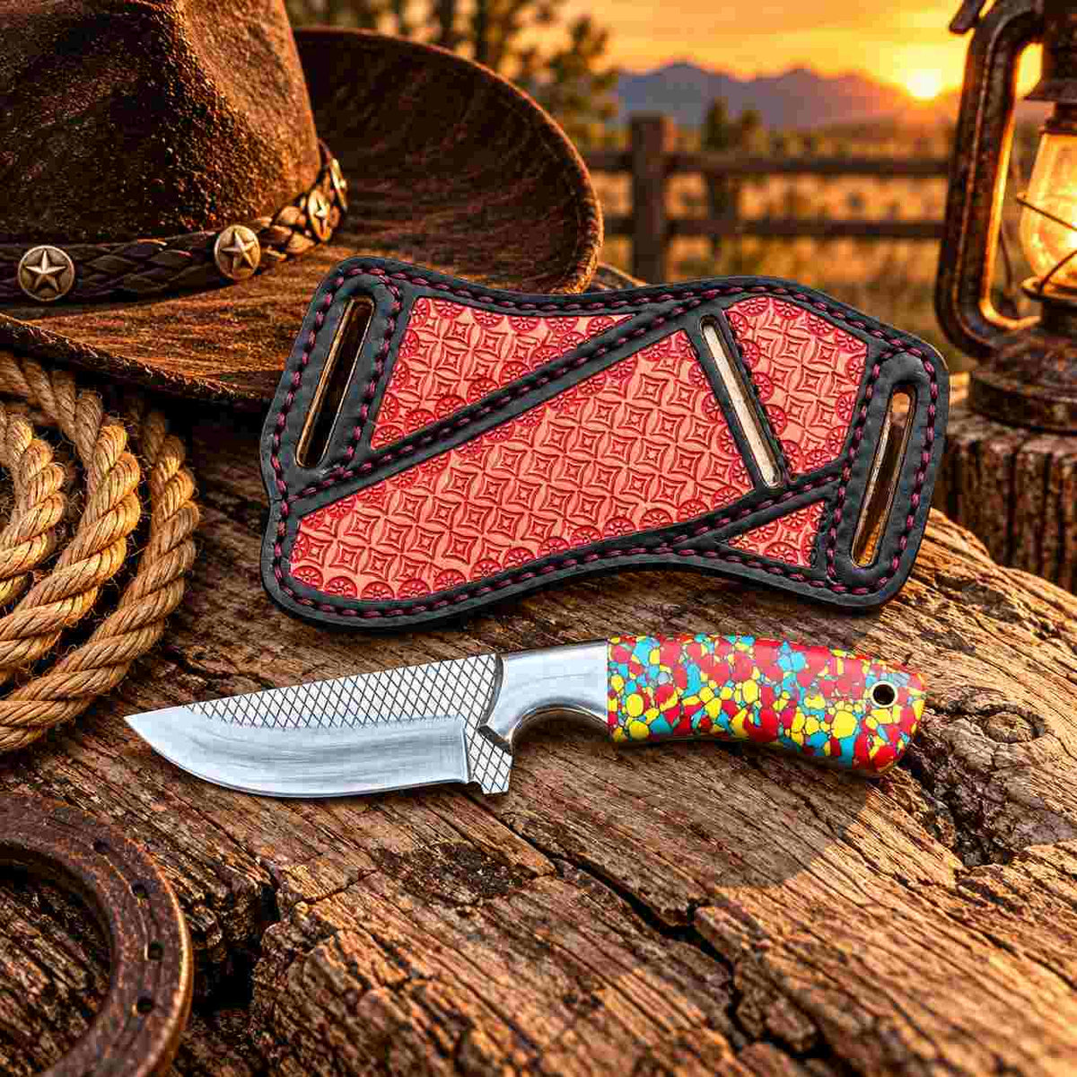 Custom Handmade Horse Rasp Stainless Steel 4-Inch Western Cowboy Skinner with Stone Handle & Leather Sheath