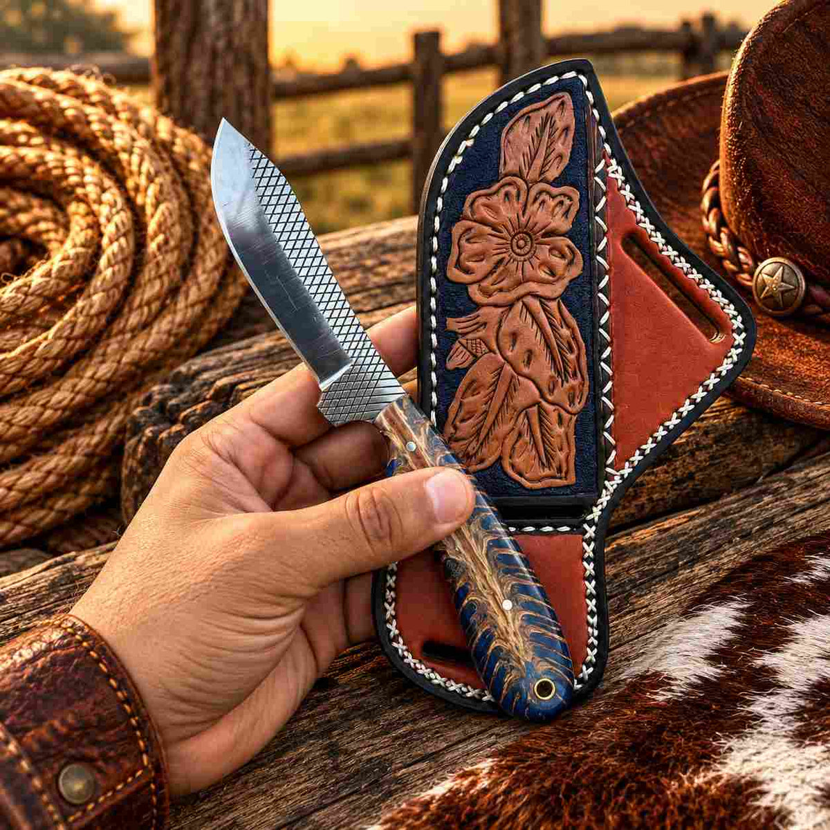 Handmade Horse Rasp Stainless Steel Cowboy Skinner Knife with Dark Textured Stone Handle & Decorative Cross-Draw Leather Sheath – SH-059