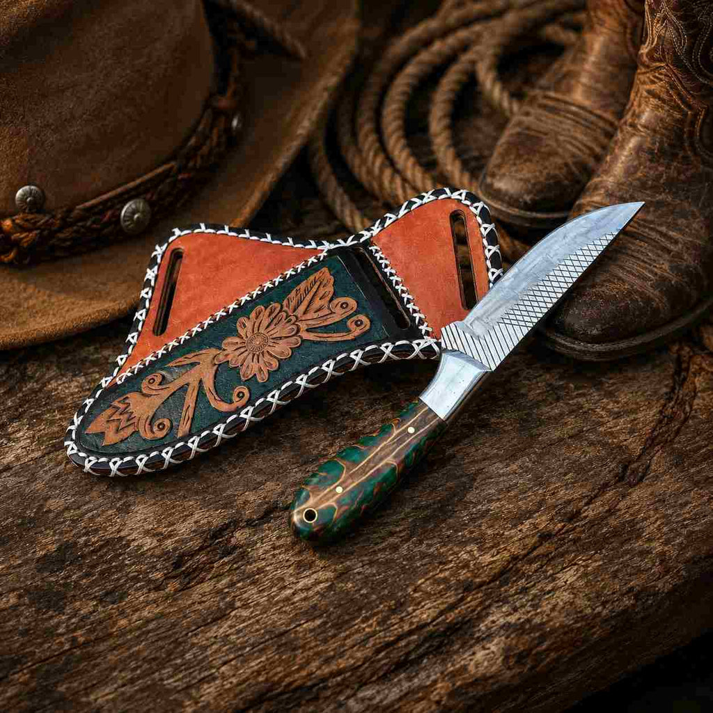 Handmade Horse Rasp Steel Western Cowboy Skinner Knife with Leather Sheath
