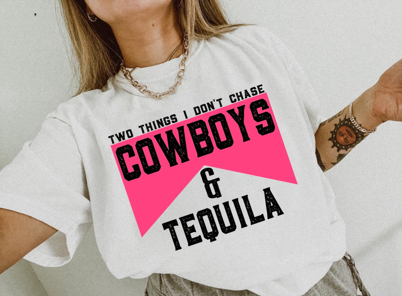 Two Things I Don’t Chase Cowboys & Tequila Graphic on Gildan Softstyle White Shirt – Graphic Tee, Long Sleeve & Crewneck.
