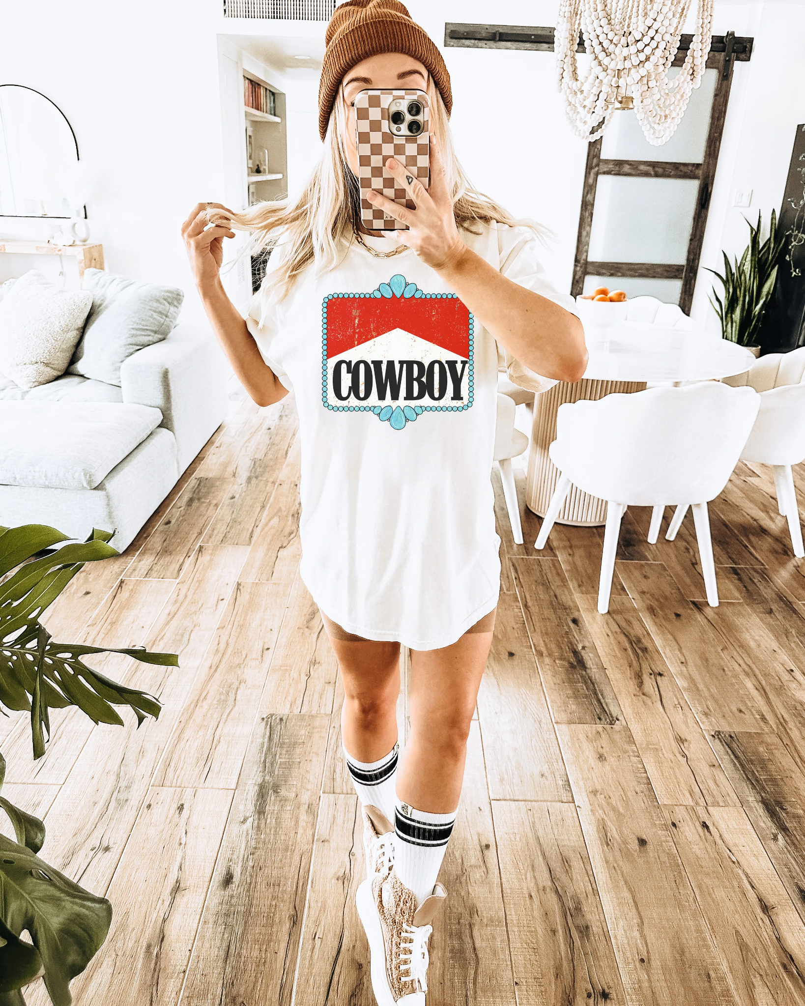 Cowboy Turquoise Frame Graphic on Gildan Softstyle White Shirt – Graphic Tee, Long Sleeve & Crewneck.