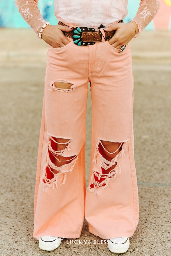 Pink Stretch Denim High Rise Trouser Distressed Jeans