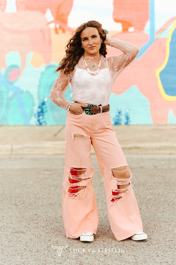 Pink Stretch Denim High Rise Trouser Distressed Jeans