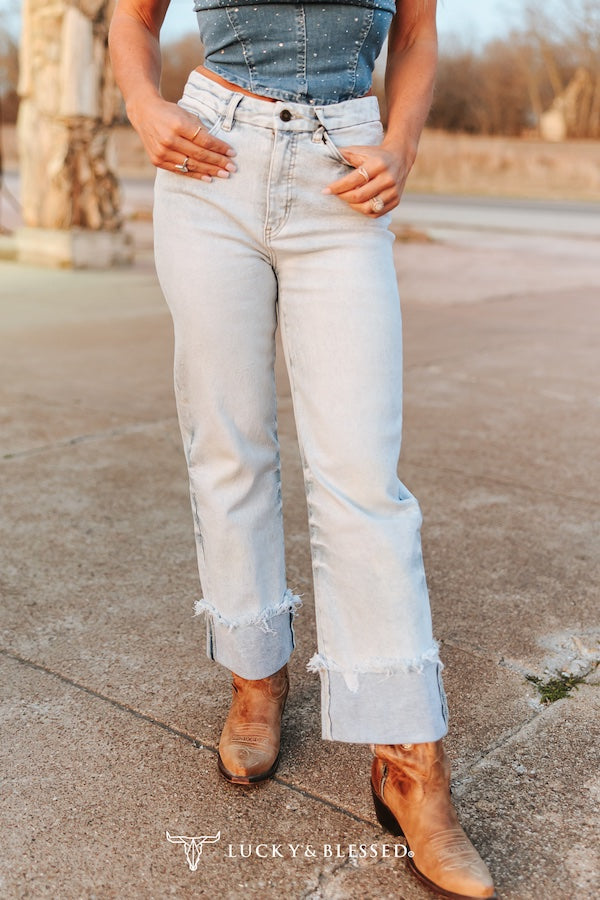 Light Wash High Rise Cuff Frayed Hem Trouser Jeans