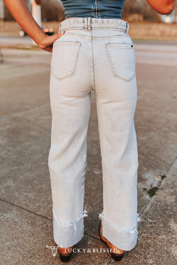 Light Wash High Rise Cuff Frayed Hem Trouser Jeans