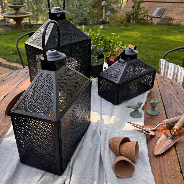 Perforated Iron Metal Lanterns, Set of Three