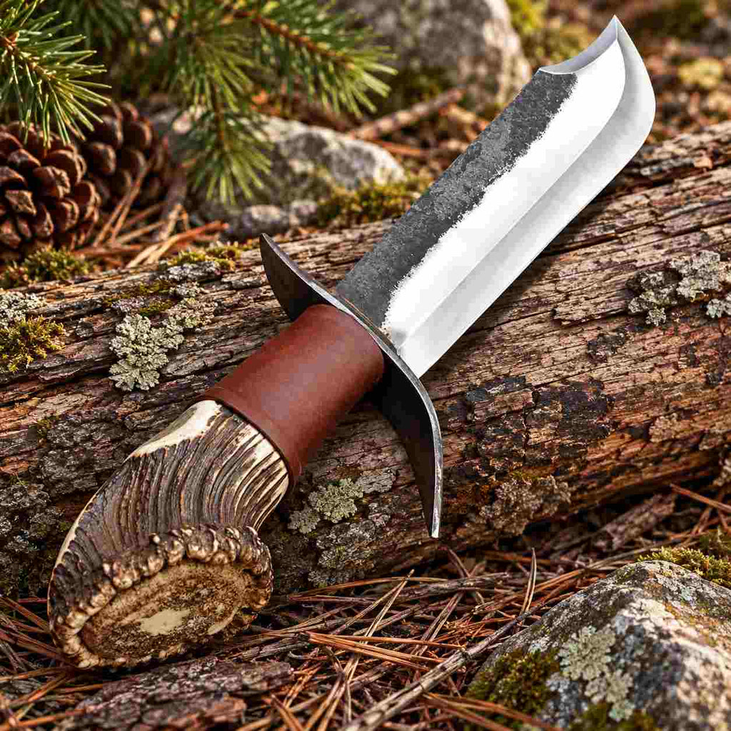 Handmade High Carbon Steel Bowie Knife with Stag Horn Handle and Leather Sheath