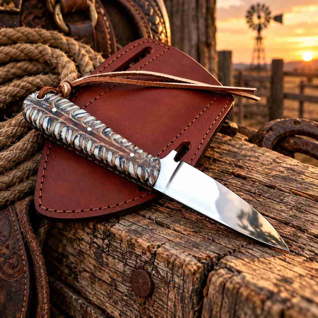 Handmade D2 Cowboy Knife with Mirror Finish Blade, White Pinecone Handle & Western Pancake Leather Sheath