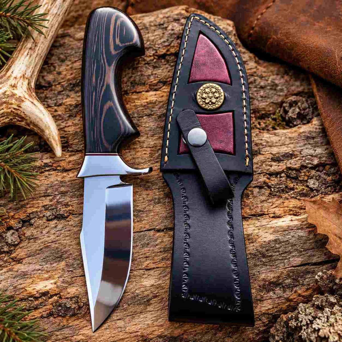 Custom D2 Steel Hunting Knife with Exotic Wood Handle and Leather Sheath