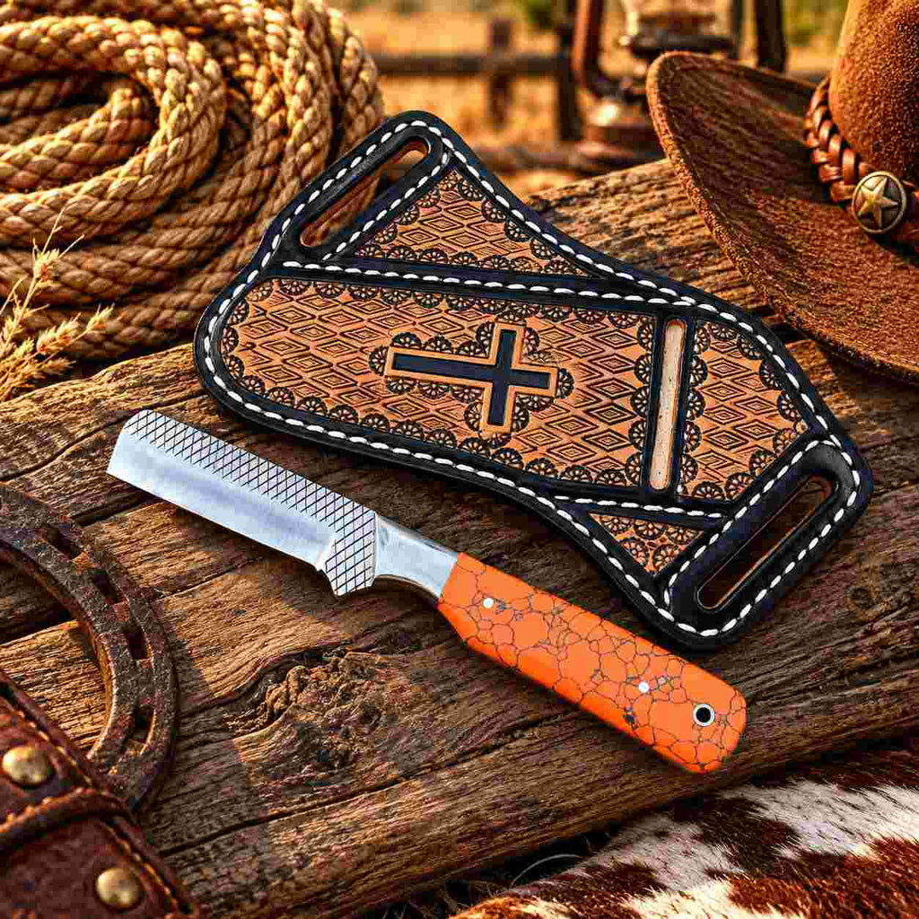 Handmade Horse Rasp Stainless Steel Cowboy Bull Cutter Knife with Colorful Resin-Pinecone Handle & Orange Patterned Leather Sheath – SH-DS/065