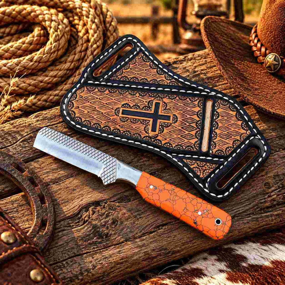 Handmade Horse Rasp Stainless Steel Cowboy Bull Cutter Knife with Colorful Resin-Pinecone Handle & Orange Patterned Leather Sheath – SH-DS/065