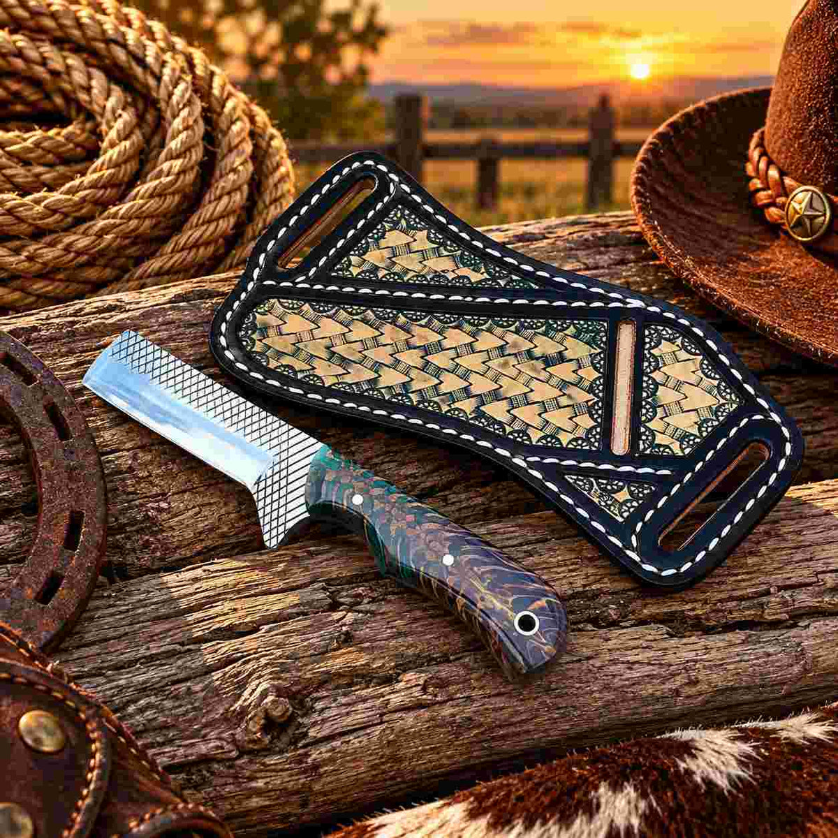Handmade Horse Rasp Stainless Steel Cowboy Bull Cutter Knife with Orange Patterned Stone Handle & Decorative Leather Sheath – SH-DS/077