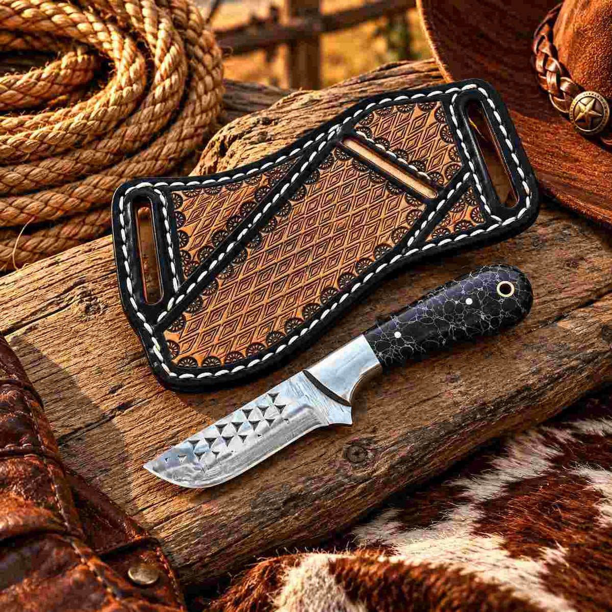 Handmade Horse Rasp Stainless Steel Cowboy Bull Cutter Knife with Orange Stone Handle & Leather Sheath – SH-DS/077