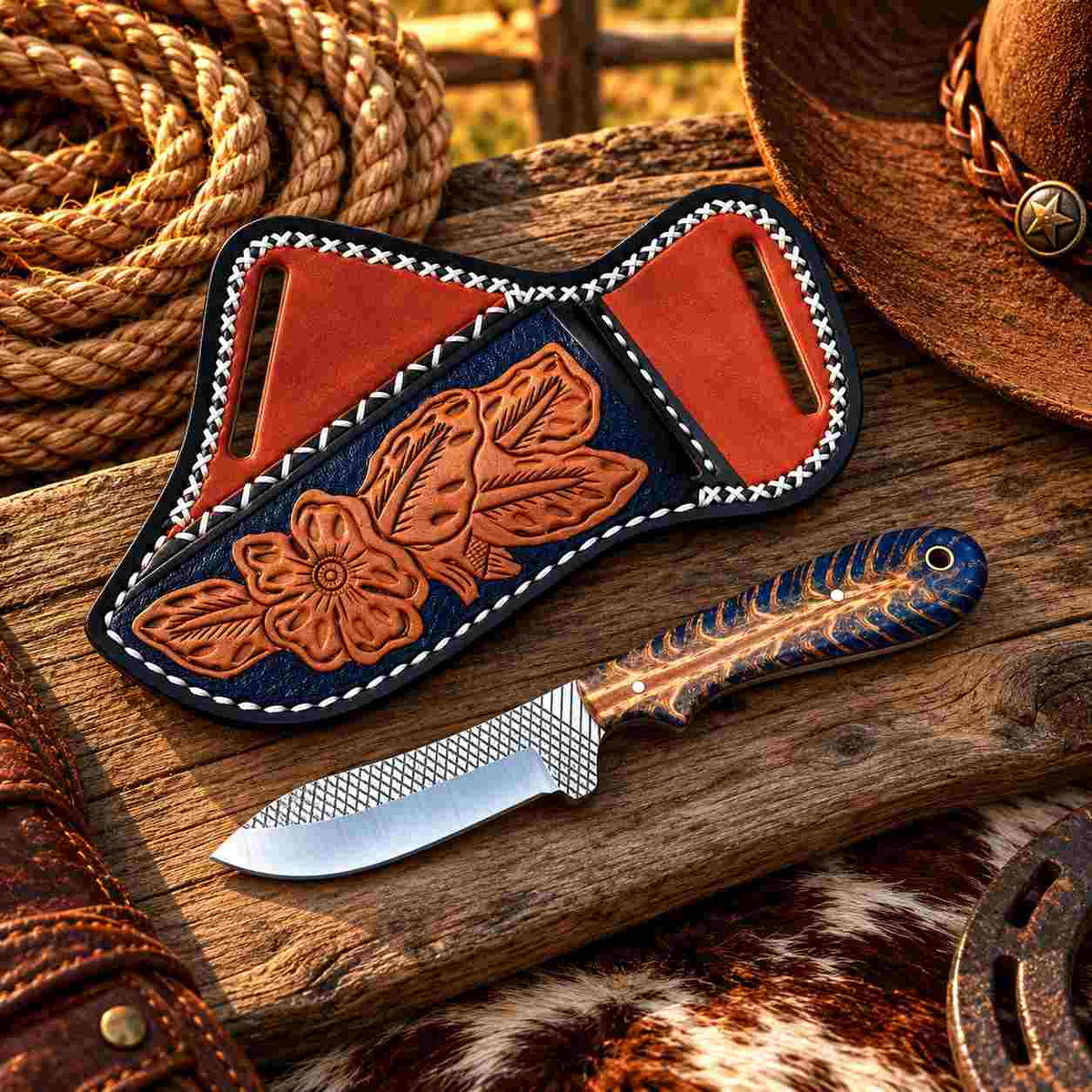 Handmade Horse Rasp Stainless Steel Cowboy Skinner Knife with Dark Textured Stone Handle & Decorative Cross-Draw Leather Sheath – SH-059